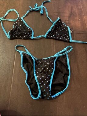 Y2K vintage Women's Black & Blue Polka Dot Bikini small scrunch butt nwot